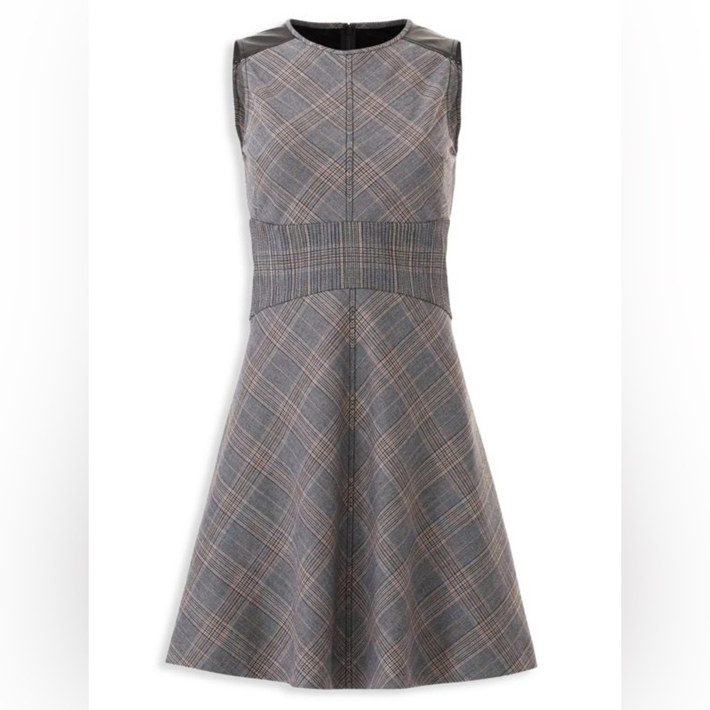 10 Crosby Derek Lam Gray Plaid Mini Skater Fit Flare Dress Size 4 Faux Leather